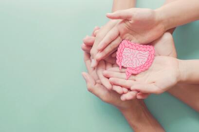 Four hands holding a pink image of a stomach
